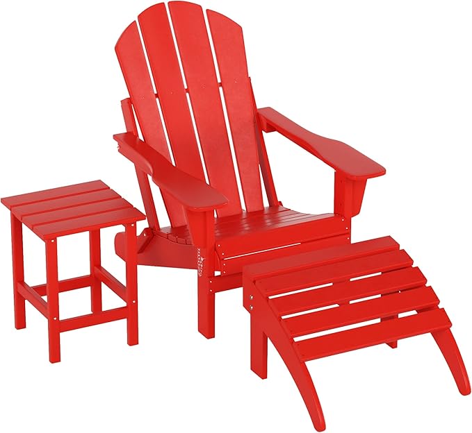 WO Home Furniture 3pc Set - HDPE Poly Adirondack Chair with Ottoman/Footrest and Square Side Table, All Weather and UV Resistant for Outdoor Patio Backyard, Garden, Red
