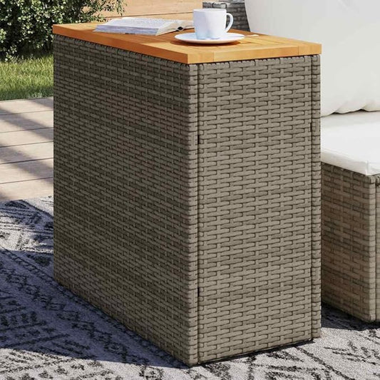 Grey Poly Rattan Garden Side Table with Acacia Wood Top and Powder-Coated Steel Frame, 22.8 in Long and 10.8 in Wide, Durable Outdoor Furniture for Patio Balcony, Modern
