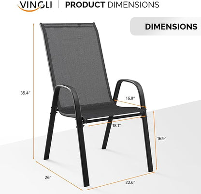 VINGLI Patio Chairs Set of 6 – Stackable Outdoor Dining Chairs with Comfortable Sling High Back Chairs and Armrests for Lawn, Poolside, Courtyard, Balcony, Garden, Black