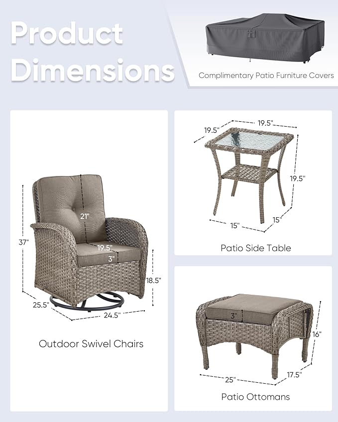 5 Pieces Outdoor Wicker Patio Furniture Set-High Back Outdoor Rocking Chairs Set of 2 with Ottoman Patio Conversation Sets for Deck Lawn Porch Balcony Poolside-Grey/Grey
