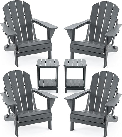Folding Adirondack Chair Set with Side Table – HDPE Outdoor Patio Weatherproof Chairs with Reclining Back, Cup Holder, 2-Tier Storage End Table for Firepit or Garden (Grey, 4 Chairs &2 Tables)