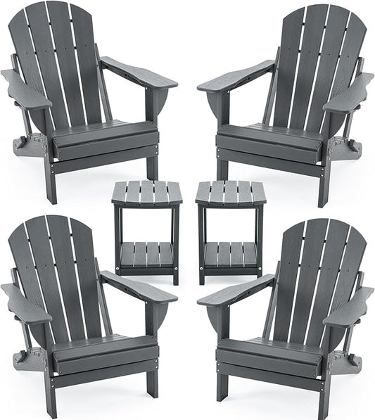 Folding Adirondack Chair Set with Side Table – HDPE Outdoor Patio Weatherproof Chairs with Reclining Back, Cup Holder, 2-Tier Storage End Table for Firepit or Garden (Grey, 4 Chairs &2 Tables)