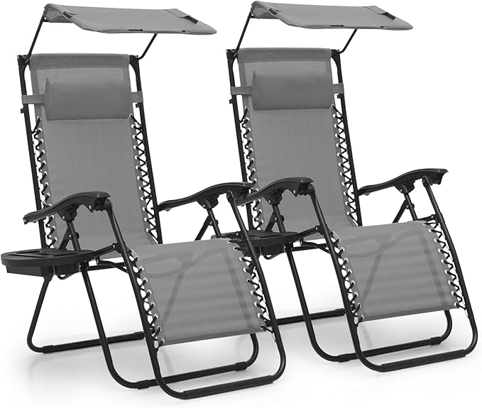 MoNiBloom Zero Gravity Chair Set of 2 with Canopy Shade, Patio Folding Anti Gravity Recliner, Foldable Outdoor Lounger with Cup Holder Tray for Beach Camping, Grey