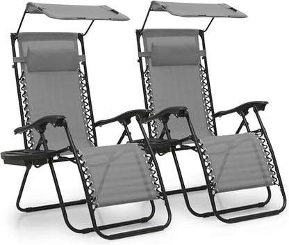 MoNiBloom Zero Gravity Chair Set of 2 with Canopy Shade, Patio Folding Anti Gravity Recliner, Foldable Outdoor Lounger with Cup Holder Tray for Beach Camping, Grey