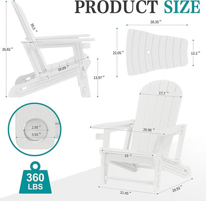 JY QAQA Outdoor Adirondack Chair Set of 2, All-Weather HDPE Patio Furniture with Detachable Table, Wood Texture & Cup Holder for Patio, Poolside, Garden, White