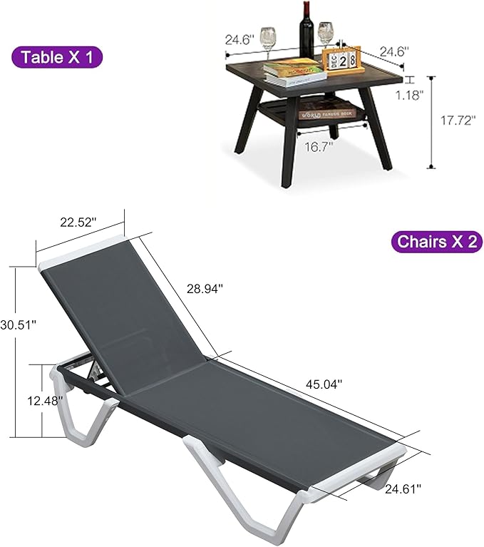 PURPLE LEAF Outdoor Chaise Lounge Set of 3 Plastic Pool Lounge Chair with Metal Side Table Patio Stackable Lounger Chair for Poolside Sunbathing Beach Deck Yard, Dark Grey