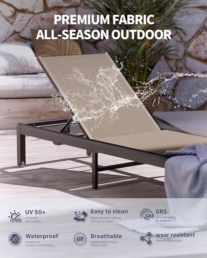 Aluminum Lounge Chairs Outdoor Chaise Furniture,2 Sets Patio Metal Deck Lounger Adjustable 5-Position Poolside Chase Recliner with Wheels for Beach,Coffee Table, (Khaki, 1 Chair)