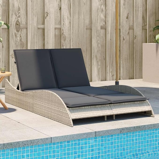 Double Outdoor Chaise Lounge PE Rattan 2-Person 80.7x17.7x28.7in All Weather Cushion Patio Pool Garden - Photo 2