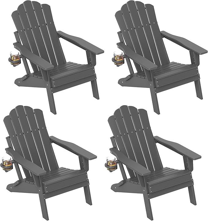 FOOWIN Adirondack Chair Set of 4, Folding HDPE Patio Chairs with Cup Holder, 400LBS Heavy Duty Fire Pit Chairs for Garden, Deck, Backyard, Weather Resistant, Easy Assembly, Grey