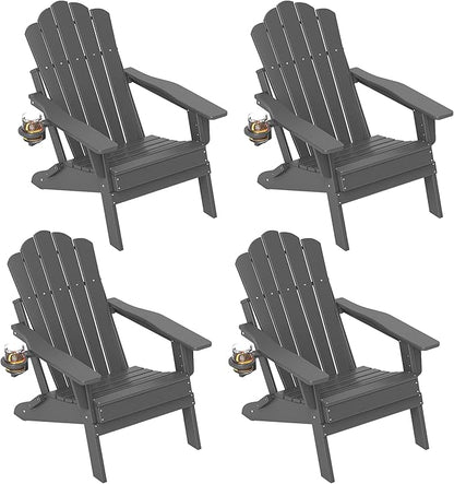 FOOWIN Adirondack Chair Set of 4, Folding HDPE Patio Chairs with Cup Holder, 400LBS Heavy Duty Fire Pit Chairs for Garden, Deck, Backyard, Weather Resistant, Easy Assembly, Grey