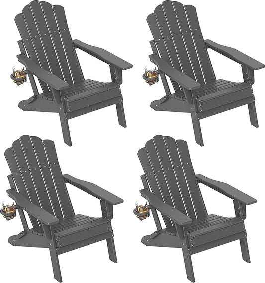 FOOWIN Adirondack Chair Set of 4, Folding HDPE Patio Chairs with Cup Holder, 400LBS Heavy Duty Fire Pit Chairs for Garden, Deck, Backyard, Weather Resistant, Easy Assembly, Grey