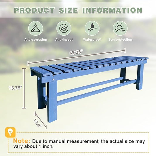 Outdoor Garden Wood Bench, 2-Person Weatherproof Wooden Bench Park Narrow Bench, Never Rot or Fade Waterproof Backless Bench for Entryway, Outdoor, Patio, Porch, Backyard and Park (Blue, 35.5''/90cm)