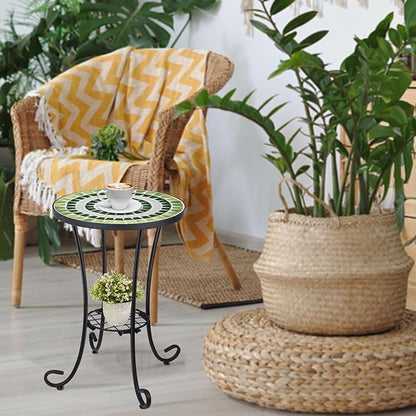 VCUTEKA Outdoor Side Table Mosaic Patio Table Accent Tables Mosaic Tile Top Metal Frame Small End Tables Porch Beach Patio Garden Balcony Grass Green