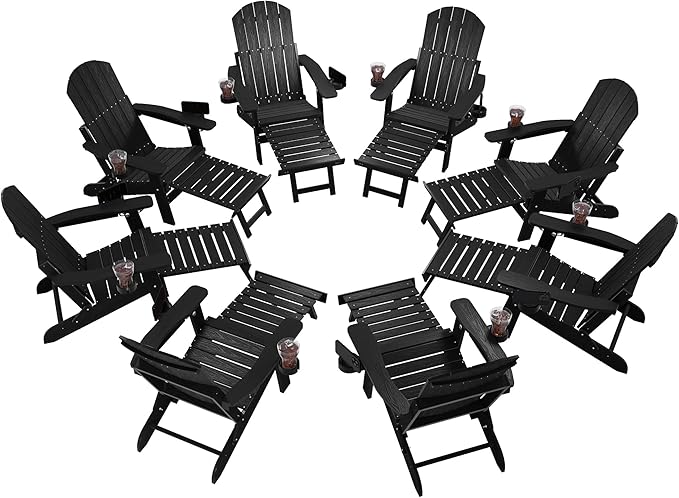 YEFU Adjustable Adirondack Chair with Retractable Ottoman Set of 8,Folding Adirondack Chair with 2 Cup-Holders, Outdoor Chairs with Footrest,Weather Resistant Fire Pit Chairs,for Patio Lawn(Black)