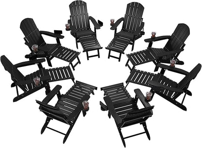 YEFU Adjustable Adirondack Chair with Retractable Ottoman Set of 8,Folding Adirondack Chair with 2 Cup-Holders, Outdoor Chairs with Footrest,Weather Resistant Fire Pit Chairs,for Patio Lawn(Black)