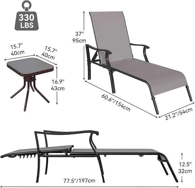 YITAHOME Outdoor Chaise Lounge Chair Set of 3,Patio Lounge Chair with Side Table and 5 Adjustable Positions, Textile Pool Chaise Lounger for Outdoor, Patio, Beach, Yard (Brown)