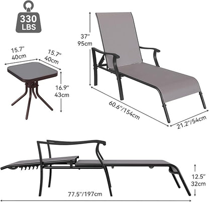 YITAHOME Outdoor Chaise Lounge Chair Set of 3,Patio Lounge Chair with Side Table and 5 Adjustable Positions, Textile Pool Chaise Lounger for Outdoor, Patio, Beach, Yard (Brown)