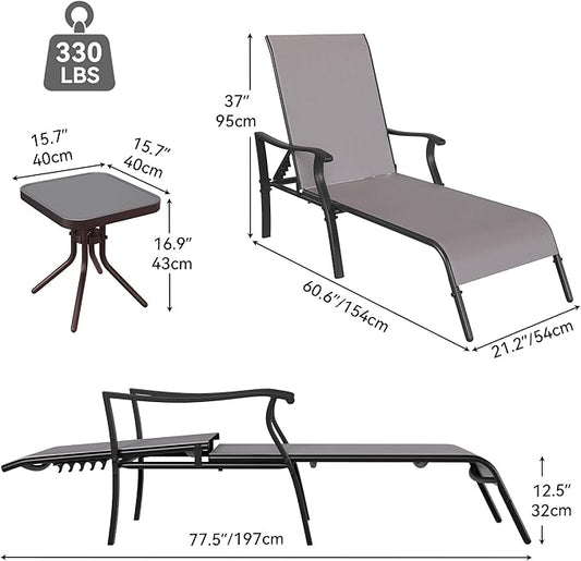YITAHOME Outdoor Chaise Lounge Chair Set of 3,Patio Lounge Chair with Side Table and 5 Adjustable Positions, Textile Pool Chaise Lounger for Outdoor, Patio, Beach, Yard (Brown)