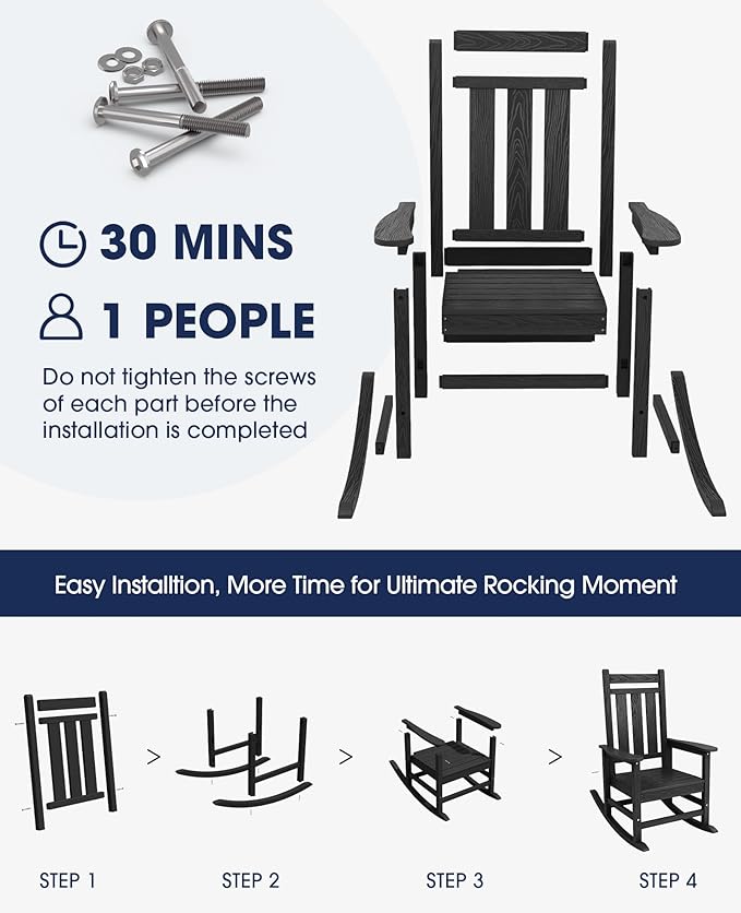 KINGYES Oversized Outdoor Rocking Chair, All-Weather Patio Rocking Chairs for Porch, HDPE Outdoor Patio Rockers with High Back & Wide Seat for Garden, Lawn, Black