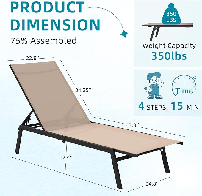 AECOJOY Patio Lounge Chairs for Outside, Adjustable Outdoor Chaise Lounge with Wheels and Adjustable 5-Position Recliner for Pool, Beach, Backyard, Deck, Lawn, Khaki