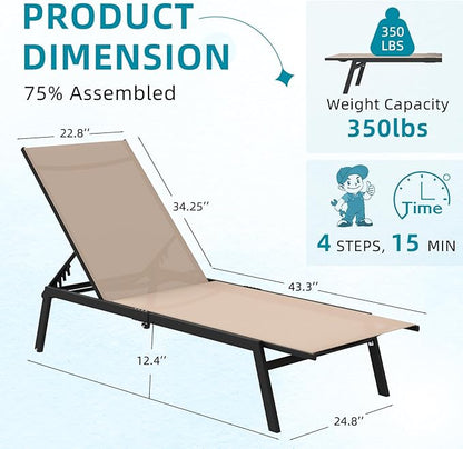 AECOJOY Patio Lounge Chairs for Outside, Adjustable Outdoor Chaise Lounge with Wheels and Adjustable 5-Position Recliner for Pool, Beach, Backyard, Deck, Lawn, Khaki, 2PCS