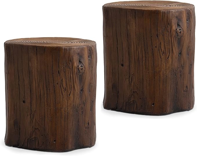 SUNBURY Outdoor Side Table Set of 2, Tree Stump Side Table Brown Colored Faux Wood, Wood Stump Stool - Photo 1