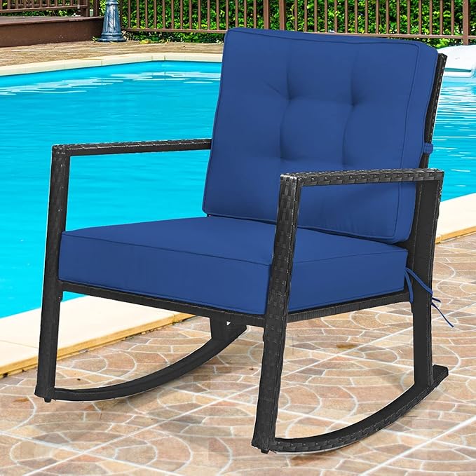 Tangkula Wicker Rocking Chair, Outdoor Glider Rattan Rocker Chair with Heavy-Duty Steel Frame, Patio Wicker Furniture Seat with 5” Thick Cushion for Garden, Porch, Backyard, Poolside (2, Blue)
