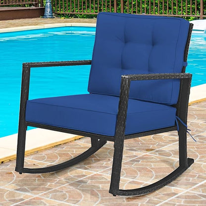 Tangkula Wicker Rocking Chair, Outdoor Glider Rattan Rocker Chair with Heavy-Duty Steel Frame, Patio Wicker Furniture Seat with 5” Thick Cushion for Garden, Porch, Backyard, Poolside (2, Blue)