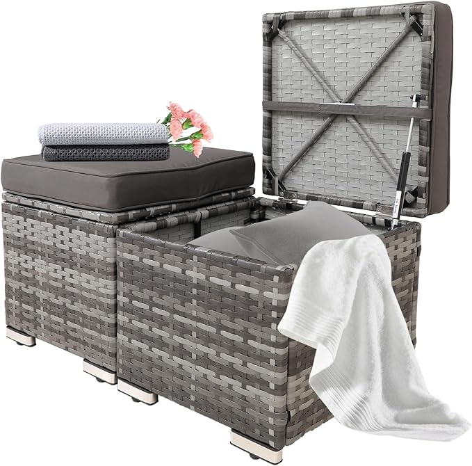 2-Pieces Patio Rattan Ottomans，All-Weather Rattan Wicker Multipurpose Outdoor Furniture for Patio, Backyard, Additional Seating, Footrest, Side Table w/Storage, Removable Cushions (Grey)