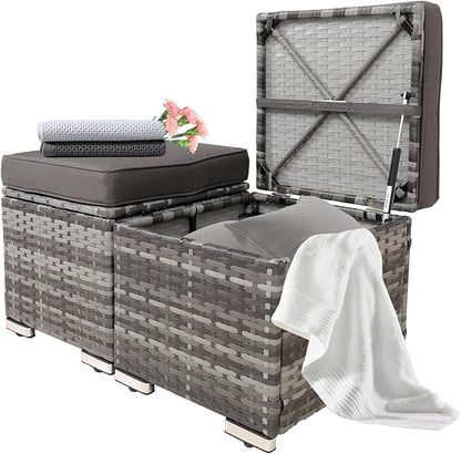 2-Pieces Patio Rattan Ottomans，All-Weather Rattan Wicker Multipurpose Outdoor Furniture for Patio, Backyard, Additional Seating, Footrest, Side Table w/Storage, Removable Cushions (Grey)