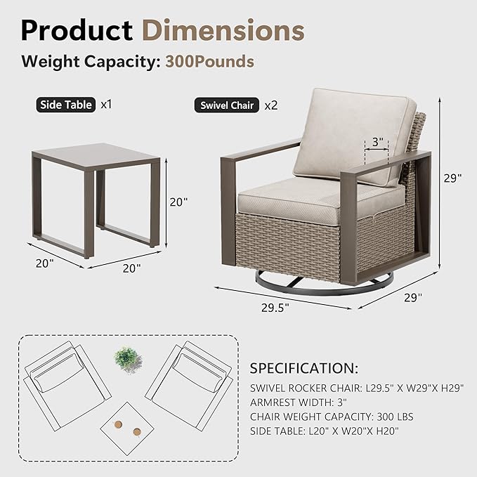 3 Piece Patio Chair Set, Outdoor Swivel Rocker Patio Chairs and Side Table, Metal Patio Furniture with Deep Seating - Photo 2