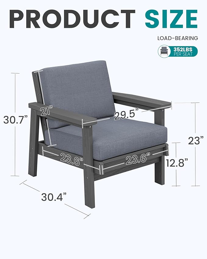 SERWALL Patio Furniture Set with 33” Fire Pit Table, HDPE Outdoor Sectional Sofa Set with Thickened Cushions, Grey Frame with Grey Cushions