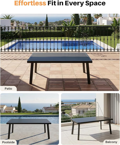 Patio Coffee Table, Never-Rust Aluminum Outdoor Coffee Table with Wood Grain Texture, Modern Rectangle Garden Coffee Table with Slatted Tabletop for Poolside, Decks, Indoor, Backyard, Black | Never-Rust, Slatted Tabletop