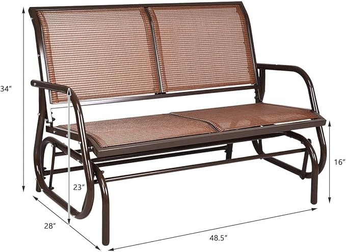Giantex Swing Glider Chair 48 Inch with Spacious Space, 2 People Lounge Cozy Patio Bench Outdoor & Indoor for Patio, Backyard, Poolside, Lawn Steel Rocking Garden Loveseat (Brown)