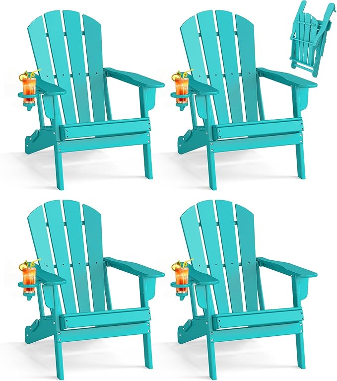 BRIOPAWS Folding-Adirondack-Chairs Set of 4 | HDPE Plastic | Fire Pit Chair | Cup Holder | Curved Back | All Weather | for Outdoor Backyard Deck Patio | Aqua