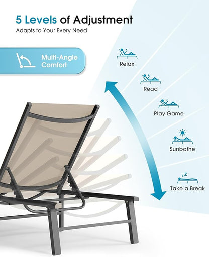 Ciokea Foldable Outdoor Lounge Chair Set of 2, No Assembly Aluminum Chaise Lounge Outdoor with 5 Adjustable Positions, Pool Lounge Chairs with Portable Design for Pool, Beach, Deck, Patio, Khaki