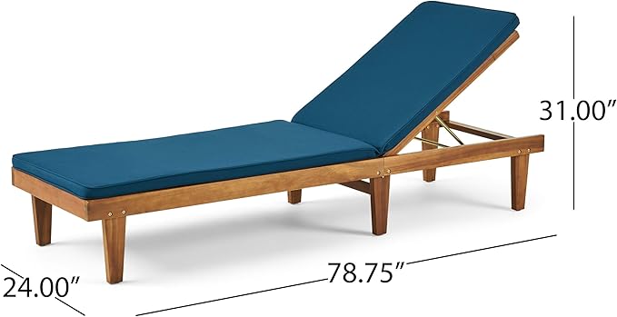 Great Deal Furniture Yvette Outdoor Acacia Wood Chaise Lounge and Cushion Set, Teak and Blue,309787 - Photo 6