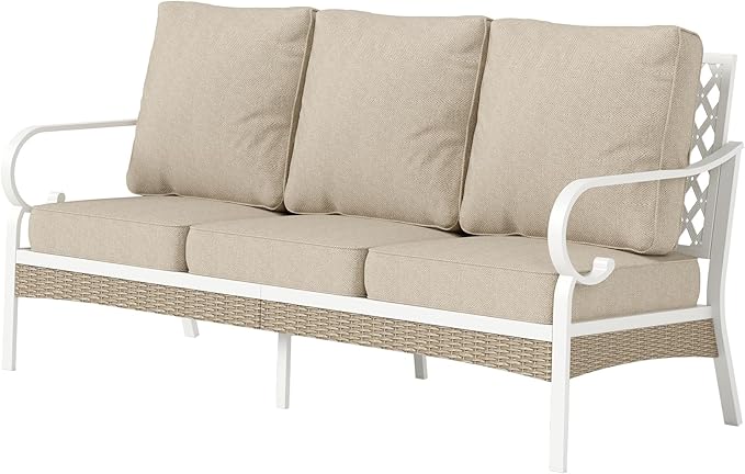 Metal Patio Furniture Sofa with 5.75" Extra Thick Cushion, 3-Seater Deep Seating & High-Back White Frame Outdoor Couch All Weather Outdoor Seating for Deck Gazebo Porch, Beige