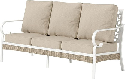 Metal Patio Furniture Sofa with 5.75" Extra Thick Cushion, 3-Seater Deep Seating & High-Back White Frame Outdoor Couch All Weather Outdoor Seating for Deck Gazebo Porch, Beige