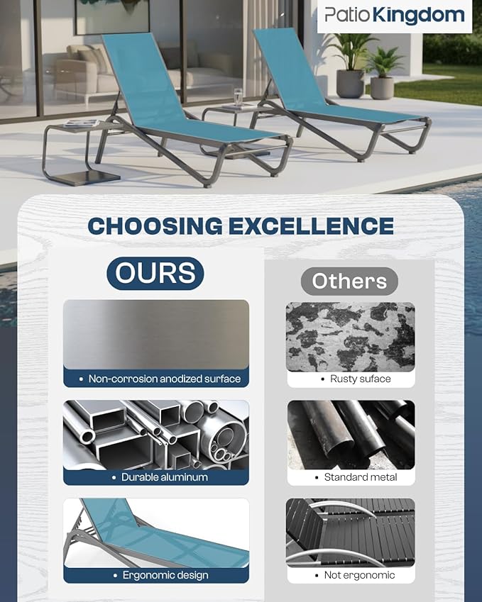 Lounge Chair Set of 2, Aluminum Chaise Lounge Outdoor with Side Table - Photo 5