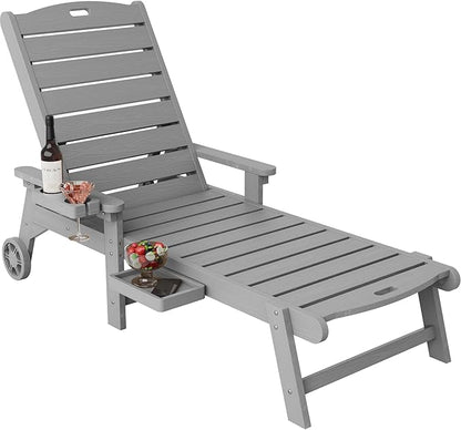YEFU Chaise Lounge Chair Outdoor,Pool Lounge Chair with Adjustable Backrest,All Weather Resin Patio Lounge Chair with Cup Holder&Armrest,for Outside,Beach,Deck,Heavy Duty,400lbs Capacity(Grey)