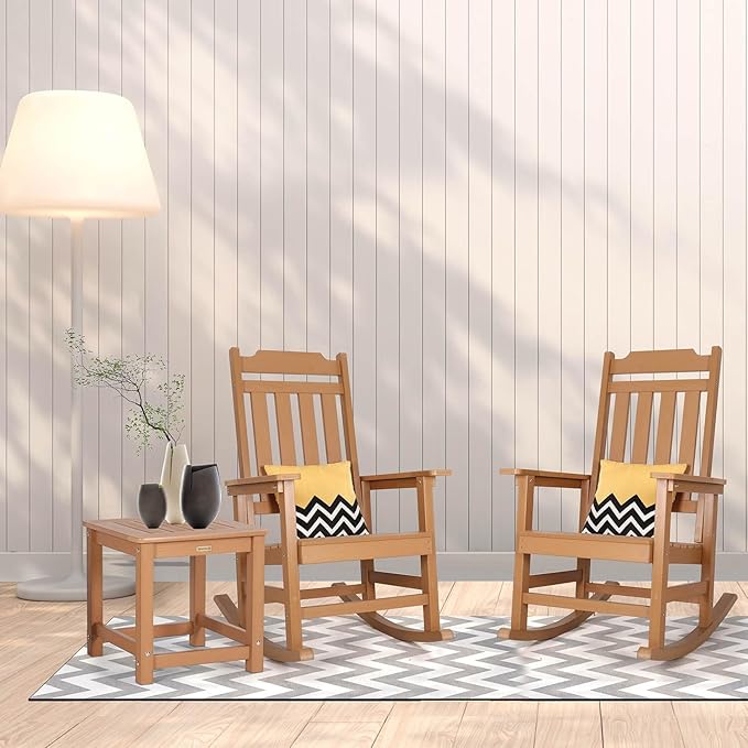 Rocking Chairs Set of 2, All Weather Resistant Poly Lumber Outdoor Porch Rocker, Rocking Chairs for Outdoor, Indoor, Patio, Deck, Garden, Backyard, Load Bearing 380 lbs - Teak