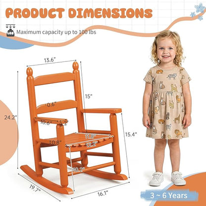 Outvita Kids Rocking Chair, Ergonomic Sturdy Toddler Rocking Chair with High Backrest & Rounded Armrests, Safe Solid Wood Baby Rocker Chair for Age 3-6, Outdoor, Living Room, Reading Room(Orange)