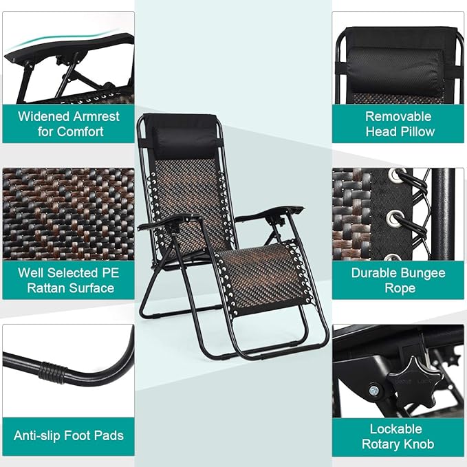 Tangkula Patio Rattan Zero Gravity Lounge Chair, Outdoor Folding Lounge Chair w/Removable Head Pillow - Photo 7