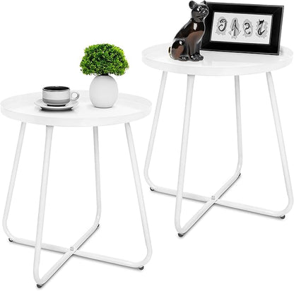 CODIN Set of 2 Outdoor Side Table Outdoor, Metal Side Table Small Round Side Table Weather Resistant End Table Patio Table for Garden Porch Balcony Yard Lawn (2, White)