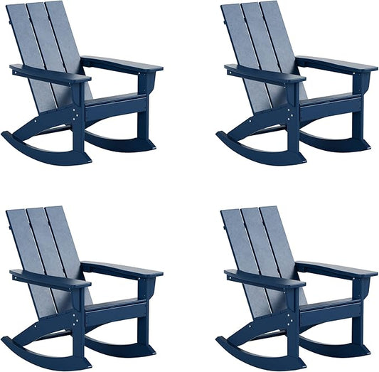 WestinTrends Ashore Patio Rocking Chairs Set of 4, All Weather Poly Lumber Plank Adirondack Rocker Chair, Modern Farmhouse Outdoor Rocking Chairs for Porch Garden Backyard and Indoor, Navy Blue