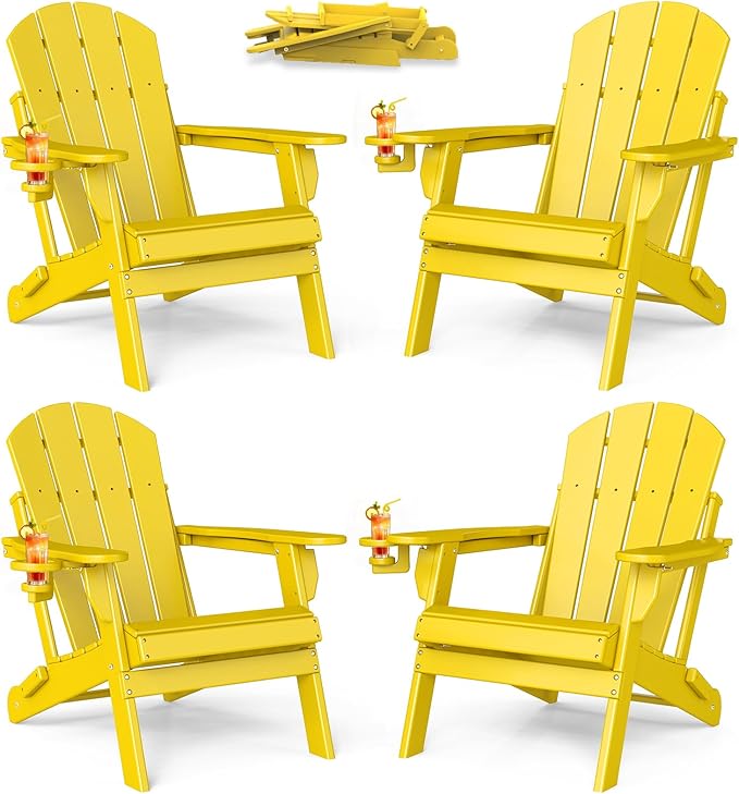 BRIOPAWS Folding-Adirondack-Chairs Set of 4 | HDPE | Fire Pit Chair | Cup Holder | Weather Resistance | Yellow | for Outdoor Backyard Deck Patio