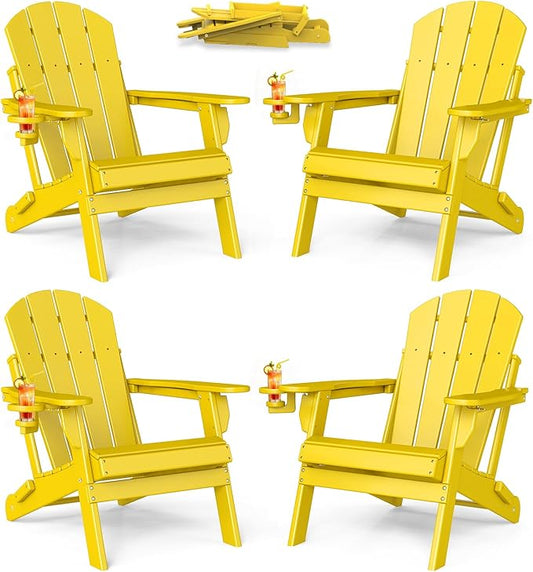 BRIOPAWS Folding-Adirondack-Chairs Set of 4 | HDPE | Fire Pit Chair | Cup Holder | Weather Resistance | Yellow | for Outdoor Backyard Deck Patio