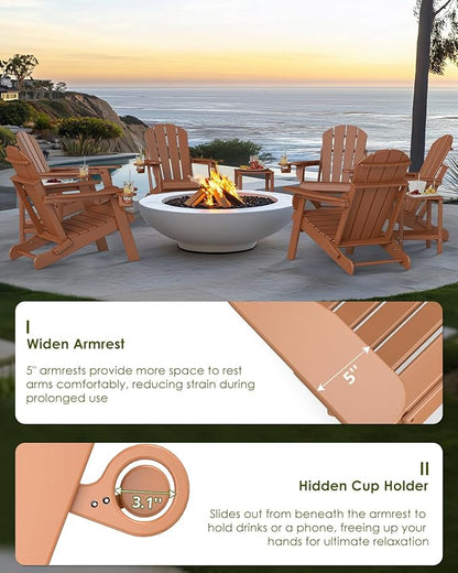 GREENVINES Folding-Adirondack-Chairs-Set-of-2 | HDPE Plastic | Fire Pit Chair | All Weather | Cup Holder | Teak | for Deck Backyard Patio Outdoor Garden