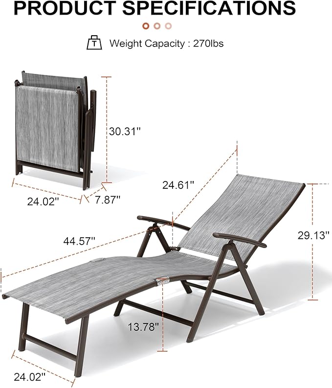 Crestlive Products Folding Patio Chaise Lounge Chair Outdoor, Aluminum Adjustable Outdoor Pool Recliner Chair, Assemble-Free, 8 Positions